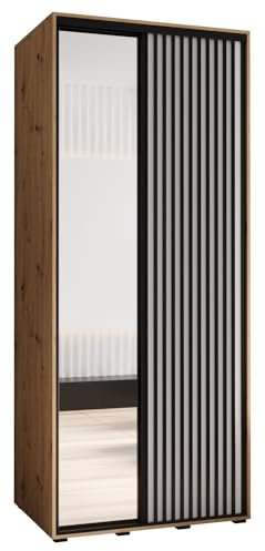 MEBLE KRYSPOL Lanko 2 Schrank mit Zwei Schiebetüren mit Spiegel, Stange, Regalen - Moderner Aufbewahrungsschrank für Schlafzimmer, Wohnzimmer - 235,2x110x60 cm - Artisan Weiß Schwarz