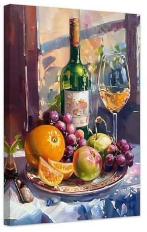 ZXHYWYM Küche Leinwand Wand Dekor Wein und Obst Ölgemälde Kunstdruck Vintage Esszimmer Bar Restaurant Küche Bilder Dekoration mit Rahmen (B (40.00 x 60.00 cms))