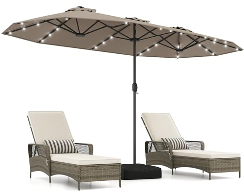 COSTWAY Parasol de Jardin Exterieur avec Pied 4 x 2 m avec LED (Marron) | Parasol Double Rectangulaire avec Manivelle, 2 Sacs de Sable, 8 Personnes, Protection Solaire, pour Terrasse, Patio