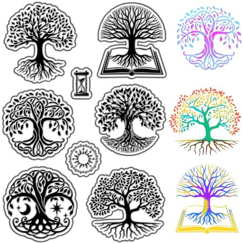 CRASPIRE Albero della Vita Timbri Trasparenti Libro Sole Clessidra Riutilizzabili Sigilli in Silicone Trasparente Timbro Postale per Journaling Card Making Decor DIY Scrapbooking Film Frame Album