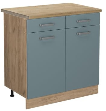Vicco Küchenunterschrank R-Line, Blau-Grau/Goldkraft Eiche, 80 cm, AP Eiche
