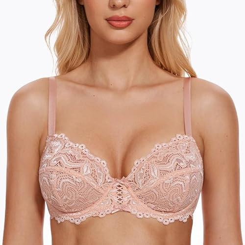 WingsLove Women's Floral Lace Bra Underwire Non Padded Soft Cup Full Coverage Pink Nude 38F