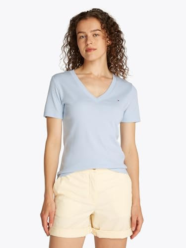 Tommy Hilfiger Camiseta de Manga Corta para Mujer New Slim Cody V-Neck con Cuello de Pico, Azul (Breezy Blue), L