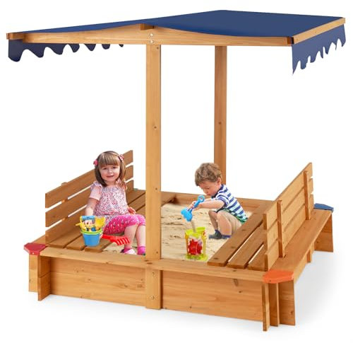 COSTWAY Sandkasten mit Dach, 120 x 120 cm Sandkiste aus Zedernholz, Sandbox groß mit 2 umwandelbaren Sitzbänken, inkl. Bodenauskleidung, bodenloses Design, Sitzhöhe 21cm