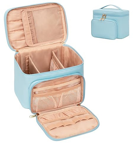 Große Make-up Tasche, Tragbare Reise Make-up Tasche für Frauen Mädchen mit Make-up Pinsel Fach, Stilvolle Make-up Tasche Veranstalter Kosmetik Fall mit Griff und Teiler für Schwarz (Wathet)