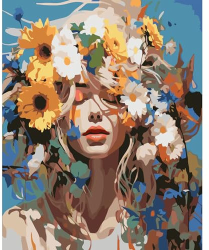 JATOK Malen Nach Zahlen Erwachsene, Paint by Numbers Malen Nach Zahlen, DIY Blumenfrau mit Pinseln und Acrylfarben Handgemalt Ölgemälde Leinwand für Home Decor, Ohne Rahmen (40x50cm)