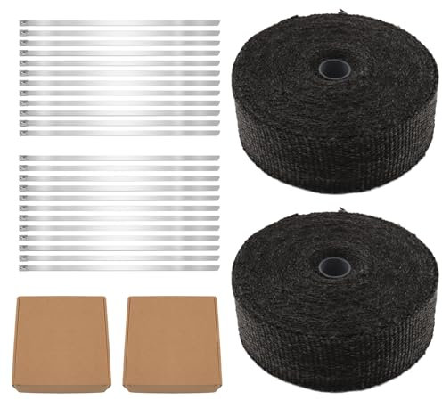 Hitzeschutzband, AFNCX Hitzeschutzband Auspuff 15M mit 12 Edelstahl Kabelbinder, für Motorrad Fächerkrümmer Thermoband Krümmerband Schwarz (1)