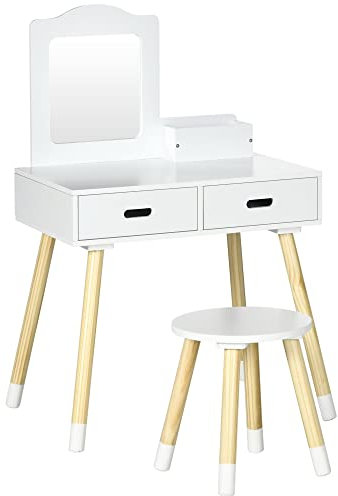 ZONEKIZ Set Toeletta per Bambini in Legno, Tavolo da Trucco con Specchio e 2 Cassetti e Sgabello in Stile Scandinavo, Bianco e Colore Legno