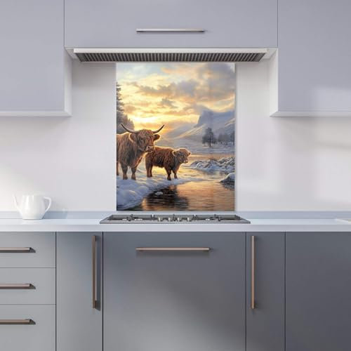 Premium Highland Cows By The Lake Kitchen Splashback 6mm Toughened Glass Kitchen Splashback – Heat Resistant Splashback for Kitchens, Perfect for Cookers and Hobs, Polished Edges