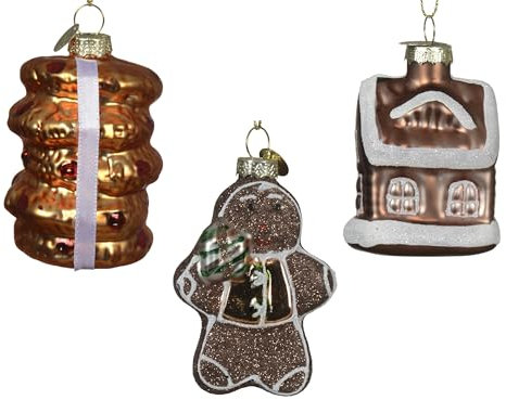 Christbaumschmuck Glas 7cm Lebkuchen Figuren zum Aufhängen 3er Set - Weihnachtsbaum Anhänger für Weihnachten - Christbaumanhänger & Weihnachtsbaumschmuck - Lebkuchenmann & Lebkuchenhaus - Braun