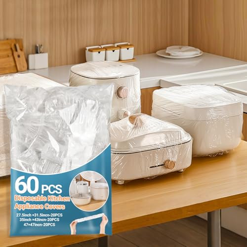 RAINFLOW Fundas para electrodomésticos de cocina, 60 unidades, cubiertas antipolvo para electrodomésticos de cocina, cubierta antipolvo gruesa transparente desechable con elástico para freidora de