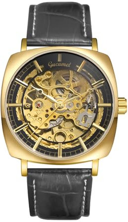 JewelryWe Herrenuhr Echtleder Automatik Uhren: 30m Wasserdicht Automatische Mechanische Armbanduhr Herren Schwarz Echtes Lederarmband Skelett Uhr Automatikuhr mit Gold Quadratischem Gehäuse