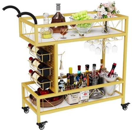 Drinks Trolley for Home, 4 Lockable Wheels Serving Trolley with Handles, Have Wine Rack and Glass Holder Serving Trolley for Kitchen Party Dining Room, Gold