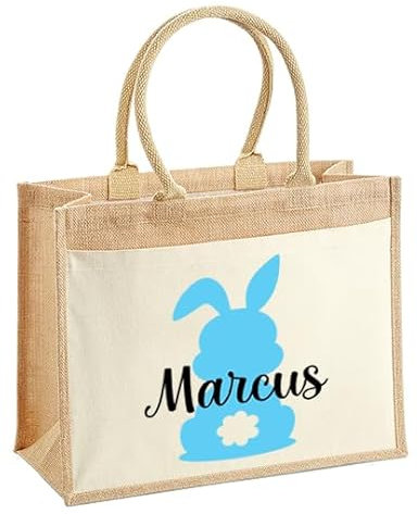 LIEBTASTISCH Ostern - Jutetaschen - Personalisiert - Geschenkverpackung - Osternest - Osterkorb - Hase - Osterkorb - Geschenktüte - Frohe Ostern (Blau, L (42x33x19 cm))