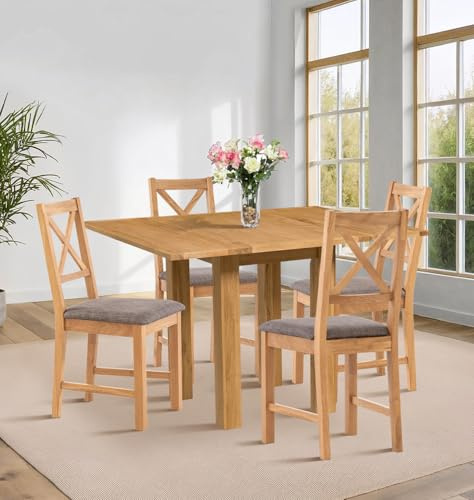Hallowood Furniture Waverly Solid Oak Dining Table and Chairs Set 4, Grey | 55-100cm Folding or Extending Kitchen Table and Chairs with Cross Back and Grey Fabric Padded Seats, Easy Assembly Furniture