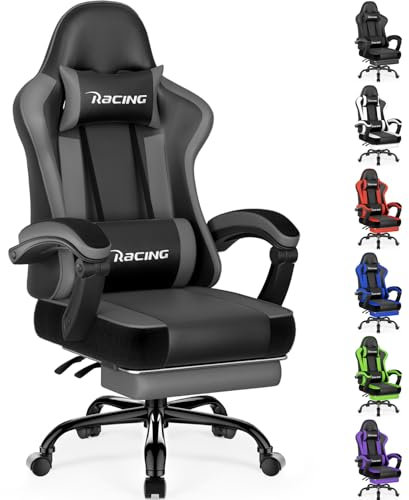 Homimaster Gaming Stuhl, Ergonomisch Gaming Chair mit verstellbare Lendenkissen und Kopfkissen, Gamer Stuhl mit Fußstütze, Gaming Sessel bis 150kg Belastbarkeit, Grau