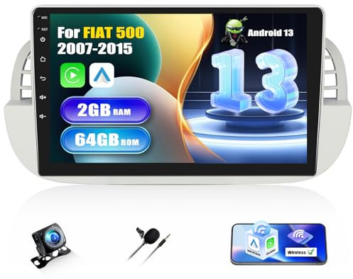 [2+64G] SIXWIN Android 13 Radio Coche para FIAT 500 2007-2015 con CarPlay&Android Auto&Mirror Link,9 Pulgadas Pantalla Táctil con Bluetooth/WiFi/GPS/FM/RDS/USB con Cámara Trasera