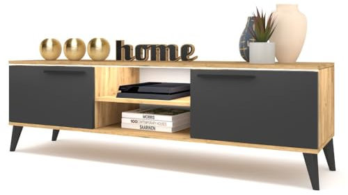 Euro Style Modernes TV-Lowboard mit LED-Beleuchtung, TV-Schrank, 2 Türen, Wohnzimmer Schwarze Füße, 100-180cm (goldene Eiche/schwarz matt, 100)