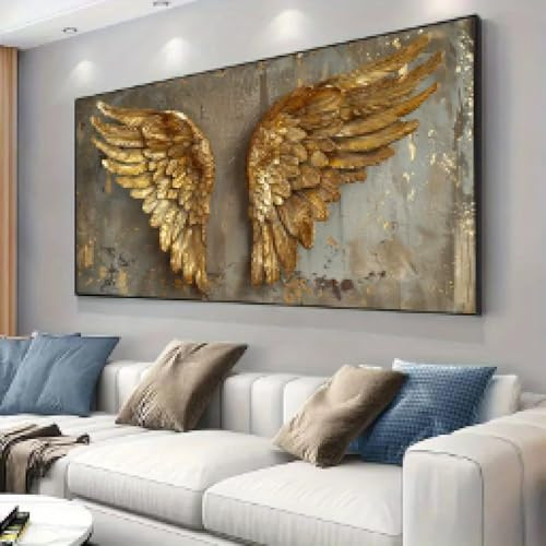 KEMEIQI Großes Leinwandbild, goldene Engelsflügel, Used-Look, elegante Wanddekoration für Wohnzimmer und Schlafzimmer, modernes Dekor, 70 x 140 cm, rahmenlos