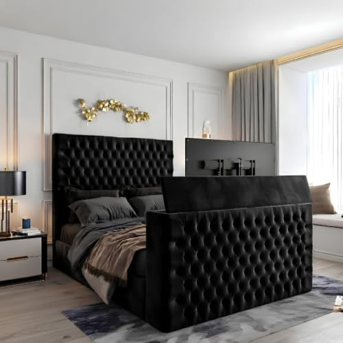 Urban Craft Plush Velvet Upholstered TV Bed with Remote-Controlled Lift Mechanism Luxury Panel Style and Functionality in 3 Sizes & 6 Colours, TVs Up to 50 inch (Plush Black, Double)