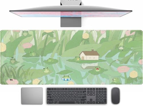 Cute Green Plant Flowers Desk Mat Anime Frog Mouse Pad XL Kawaii Japanese Large PC Gaming Mouse Pads Computer Keyboard Pad for Women Office Gamer Girls Desk Decor