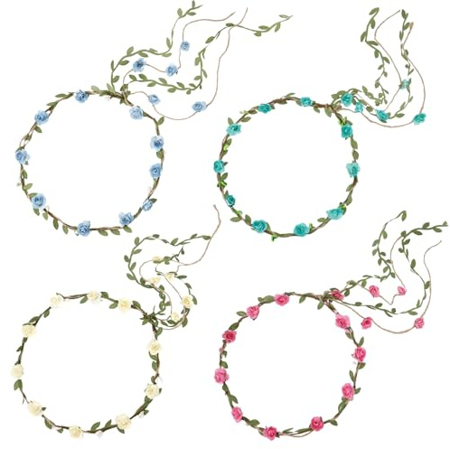 Lot de 4 bandeaux de fleurs pour femmes, accessoires de cheveux pour femmes, filles, mariage, festival, fête (rose/bleu ciel/ivoire/bleu)