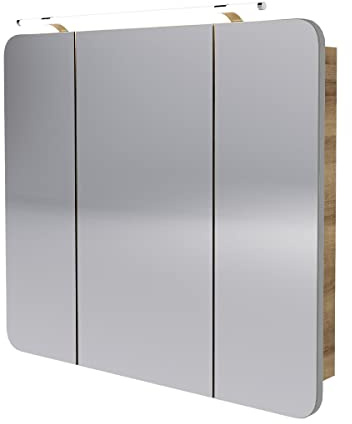 BadeDu NES LED-Spiegelschrank 90cm in Braun – 3 Türen, 6 Glaseinlegeböden, Drehbare LED-Aufsatzleuchte, AST Eiche Holzoptik – Made in Germany