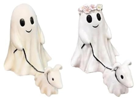 Flaroey Halloween Ghost Walking Dog Statue 2024, Ghost Walking His/Her Ghost Dog Spooky Ghost Dog Halloween Figurine(Boy+Girl)