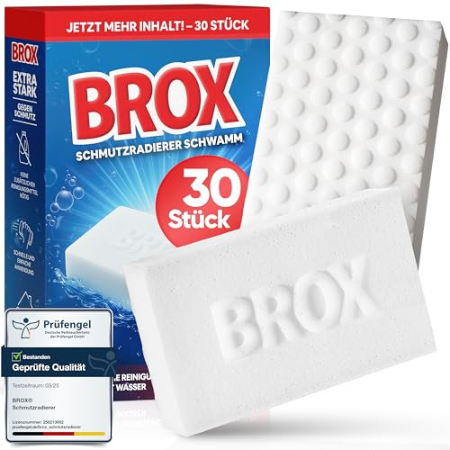 BROX Schmutzradierer, Weiß, 30 Schwämme | Radierschwamm für Küche, Bad, Schuhe, Auto, robuster Zauberschwamm, Magic Eraser Schwamm für alle Arten von Flecken