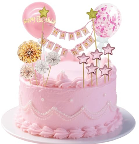 Tortendeko Rosa 12 Stück Happy Birthday Tortendeko Geburtstag, Kuchendeko Geburtstag Mädchen, Cake Topper Kuchen Deko mit Papierfächer Sterne Luftballon für Junge Mädchen
