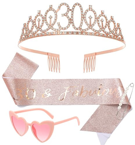 deegbbyi Couronne et Ruban pour Le 30e Anniversaire Decoration 30 Ans Femme | Anniversaire Écharpe et Diadème, avec Lunettes à Monture Rose, pour La Décoration de Fête d'Anniversaire de 30 Ans