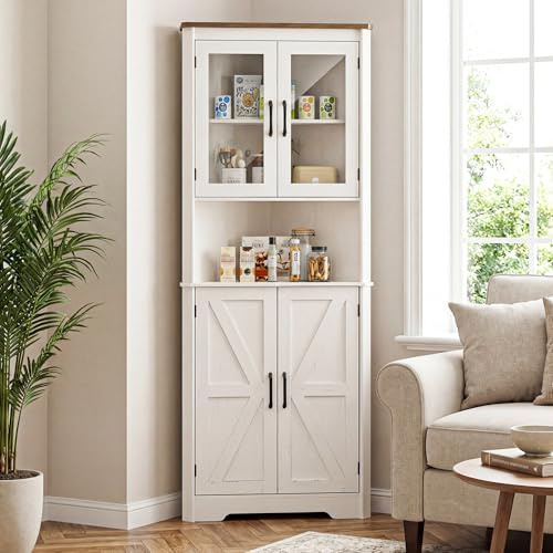 BonVache Armario de esquina alto y estrecho con 2 puertas y 5 estanterías - Mueble de almacenamiento para cocina, dormitorio, salón - Estantería de esquina de 170 cm - Blanco