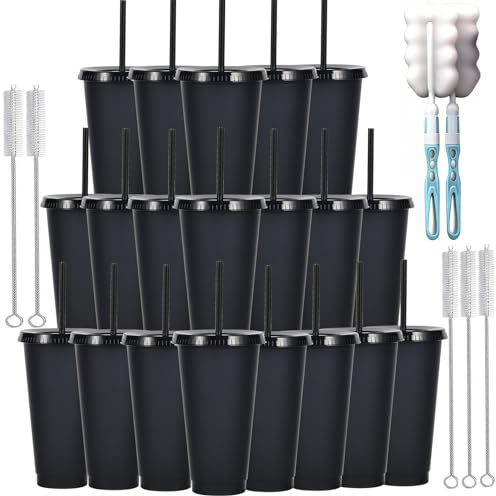 Yisituo 710ml Reusable Plastic Cups, 20 Pack Cold Cups with Lid and Straw, Tumblers Travel Mugs for Adults and Madam Party and Beach, Pool Gatherings (20, Black)
