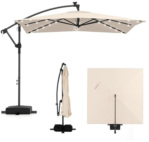 COSTWAY Sombrilla Terraza Exterior con Base, Parasol Excentrico con 32 Luces LED, Rotación de 360°, Manivela, Sacos de Arena, Sombrilla Jardín Grande para Patio Terraza (250 x 250 cm(con Luz),Beige)