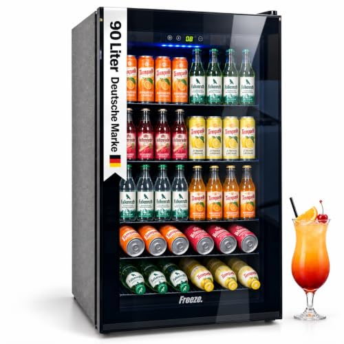 FREEZE. 90L Getränkekühlschrank, Mini-Kühlschrank für 126 Dosen, Glastürkühlschrank, Weinkühler, kleiner Kühlschrank mit Glastür und verstellbaren Regalen für Zuhause/Bar/Büro, frostfrei, Schwarz