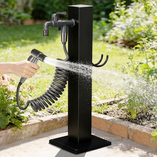 Columna de Agua para Jardín, Vertical Independiente Grifo de Agua de Acero Inoxidable para Exteriores, Columna Dispensadora de Agua, Poste para Fuente de Agua con Pistola Pulverizadora, H:95CM