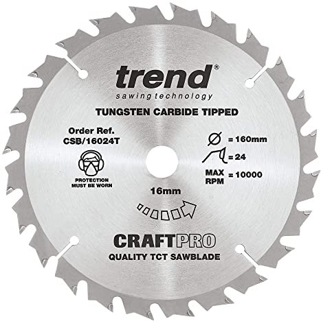 Trend Wood Cordless Circular Saw Blade, 160mm Diameter, 16mm Bore, 24 Teeth, 1.5mm Kerf, +15° Hook, TCT, Medium Finish, CSB/16024T