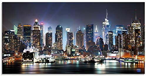 ARTland Wanddeko Glasbilder Wandbild Glas Bild einteilig 100x50 cm Querformat USA New York Skyline Nacht Times Square Hudson River Städte Amerika T5WT