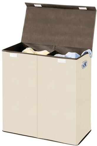 mDesign Wäschetruhe aus atmungsaktivem Polypropylen mit 2 Fächern – Design Wäschekorb für Bad/Schlafzimmer – faltbare Wäschetonne mit Deckel und Griff – cremefarben mit espressofarbener Zierleiste