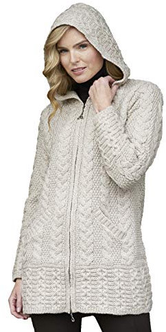 Aran Crafts Damen Irish Cable Knitted Hooded Zip Coat (100% Merinowolle), Pastinakind, L