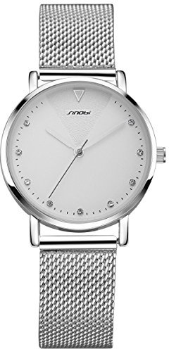 Alienwork Armbanduhr Damen Silber Metall Mesh Armband Edelstahl Weiss Strass-Steinen Glitzer Elegant