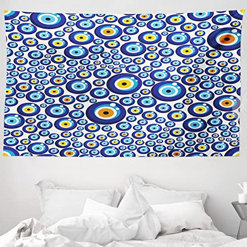 ABAKUHAUS Evil Eye Wandteppich und Tagesdecke, Turkish Traditional aus Weiches Mikrofaser Stoff Waschbar ohne Verblassen Digitaldruck, 230 x 140 cm, Blau Orange
