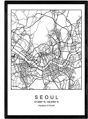 Nacnic Druck Seoul Stadtplan nordischer Stil schwarz und weiß. Plakat A4 bedruckte Papier Keine 250 gr. Gemälde, Drucke und Poster für Wohnzimmer und Schlafzimmer