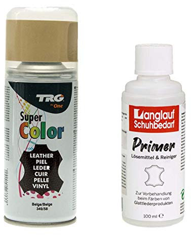TRG Lederfarbspray 150ml Lederfarbe + Primer & Lederreiniger 100ml für Glattleder | Spray für Schuhe, Kunstleder & Stoffe, starke Deckkraft, viele Farben inkl. Metallic (beige 349/58)