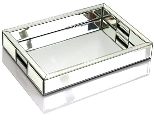 Bandeja Decorativa Rectangular de Espejo Plateado de 11 Pulgadas de Largo x 14 Pulgadas de Ancho x 2 Pulgadas de Alto, Organizador de tocador con Espejo con Mano, Bandeja de joyería de Perfume para