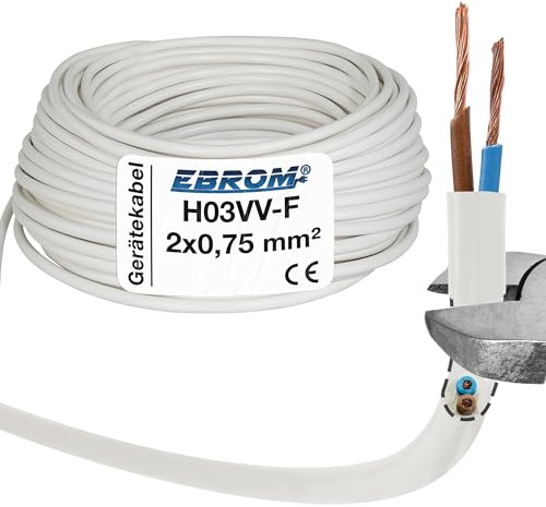 EBROM Schlauchleitung Gerätekabel -RUND- H03VV-F 2x0,75 mm², weiß, 5 m | von 5 bis 250 Meter flexibel - 2x0,75 mm2 - z.B. für Leuchten, LED-Beleuchtung, Kleinverbraucher, für leichte Beanspruchungen