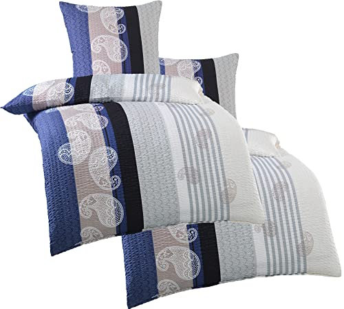 KH-Haushaltshandel 4-TLG. Seersucker Bettwäsche 2X 135x200 +80x80cm, blau Taupe weiß, Paisley, bügelfrei, Microfaser (W400983)
