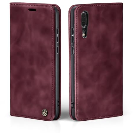 LBH Handyhülle für Huawei P20 in Weinrot mit Karten- und Geldfach Smartphone Hülle mit Standfunktion Flip Case Schutzhülle Magnetverschluss Vintage