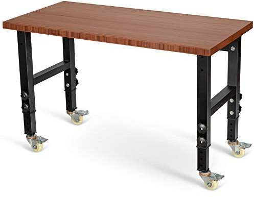 TANGZON 10-Level Height Adjustable Workbench, Heavy Duty Metal Frame Wide Bamboo Top Rolling Garage Work Bench with 4 Lockable Universal Wheels, Indoor Outdoor Large Workstation (Brown + Black)