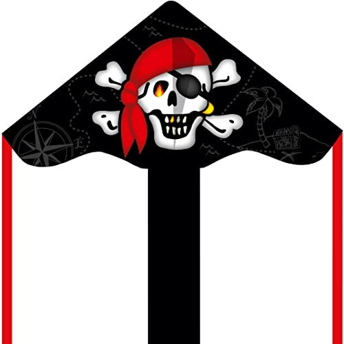 HQ Ecoline Simple Flyer Jolly Roger 85cm Kinderdrachen Flugdrachen Einleiner Drachen steigen lassen, wenig Wind ab 5 Jahre, 42x85cm+1.5m Drachenschwanz inkl. 17kp Polyesterschnur 25m auf Griff 2-5 Bft